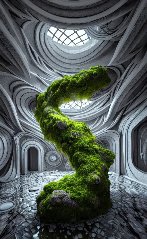 Image similar to highly detailed ultra sharp 3 d render villa interior cinematic composition of a smooth ceramic porcelain biomorphic magnolia stone nebula fluid fractal sci - fi surreal architecture landscape, granite, metallic, magnesium, marble, moss and lichen, vincent callebaut composition, mamou - mani, archviz, beautiful lighting, 8 k, unreal engine, hdr,