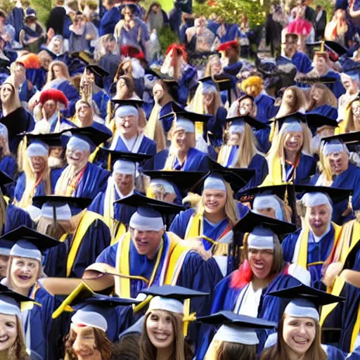 Image similar to clown college graduation ceremony, wide angle distant shot