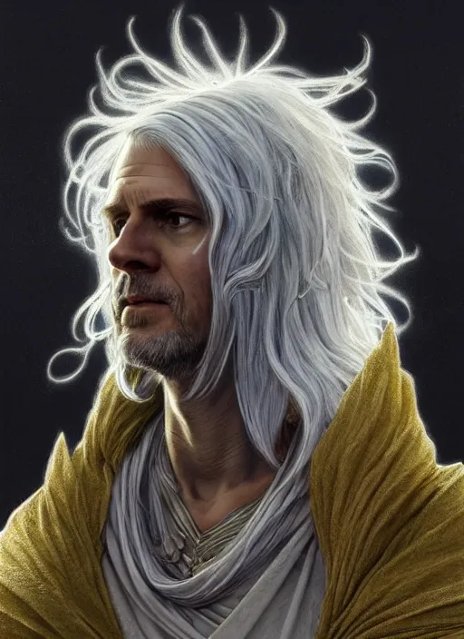 Image similar to Portrait of Prime Minister Scott Morrison, silver shaggy hair, cloak, ethereal wings, fantasy, extremely detailed, digital painting, artstation, concept art, smooth, sharp focus, illustration, stunning lighting, art by artgerm and greg rutkowski and alphonse mucha and simon stalenhag, realistic character concept, high fantasy, light atmosphere, golden ratio, cinematic lighting, hyperdetailed, high resolution, insanely detailed and intricate, artstation, Marc Simonetti, Greg Rutkowski, 8k