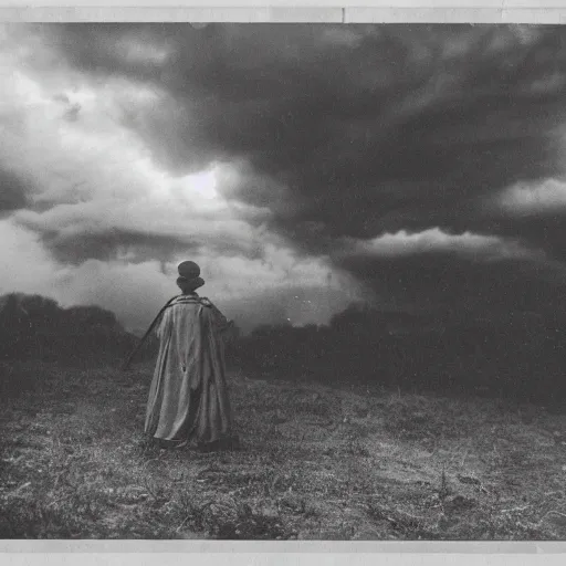 Prompt: vintage photo of a traditional 19th century pagan Halloween costume dark clouds in the sky, photo journalism, photography, cinematic, national geographic photoshoot