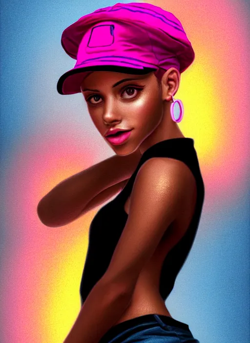 Image similar to portrait of teenage vanessa morgan with bright pink hair, black girl, curly pixie cut hair, wearing newsboy cap, pink short haircut, newsboy cap, hoop earrings, blue eyes, intricate, elegant, glowing lights, highly detailed, digital painting, artstation, concept art, smooth, sharp focus, illustration, art by wlop, mars ravelo and greg rutkowski