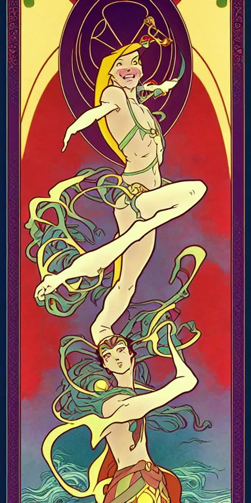 Image similar to the fool, rider tarot card with an art deco boarder, high quality, digital painting, by don bluth and ross tran and studio ghibli and alphonse mucha, artgerm