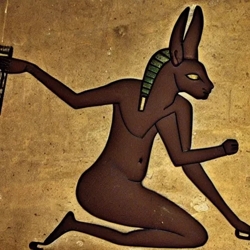 Prompt: ancient egyptian art of anubis working on a computer