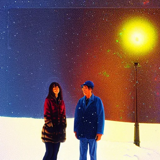 Prompt: a couple standing in the snow, a hologram by ed paschke, trending on cg society, holography, holographic, 3 d, anaglyph effect, lisa frank, ayami, kojima, amano, karol bak, greg hildebrandt, and mark brooks, beksinski. art by takato
