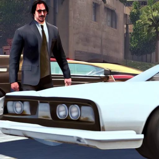 Image similar to Keanu Reeves driving ford mustand in gta5