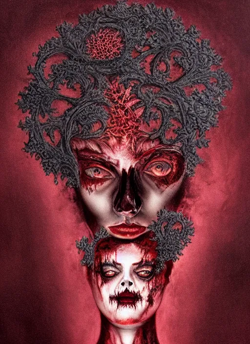 Image similar to dramatic dark red matte portrait painting of woman with black mandelbrot fractal instead of face, horror, body horror, dark art, 4 k, detailed, realistic, psychotic, insane, crazy, mental illness, dramatic,