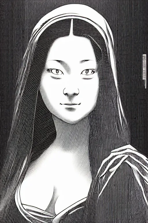 Image similar to beautiful portrait of a woman, negative no not mona lisa pose, highly detailed ink illustration of a dark alley of taipei, b & w clean shaped illustration by kim jung gi, ric estrada, ron english and eiichiro oda