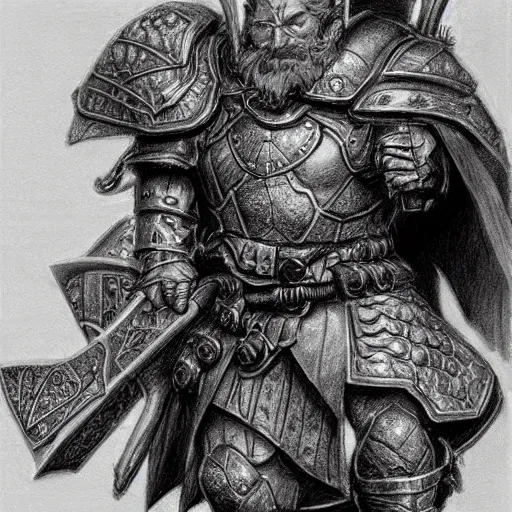 Prompt: ultra-detailed pencil sketch of a heavily armored dungeons and dragons, DnD dwarf warrior with lots of weapons and equipment by Wayne Reynolds, by Richard Whitters