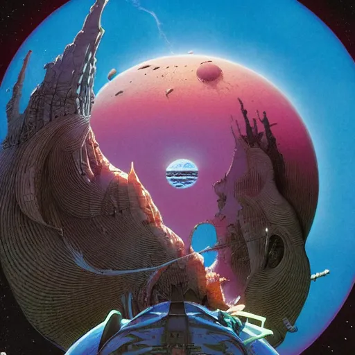 Image similar to artwork by moebius and John Harris and Michael Whelan