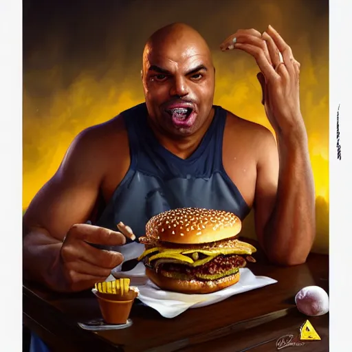 Prompt: portrait of charles barkley eating hamburgers, extra onions and ketchup, luscious patty with sesame seeds, feminine ethereal, handsome, d & d, fantasy, intricate, elegant, highly detailed, digital painting, artstation, concept art, matte, sharp focus, illustration, art by artgerm and greg rutkowski and alphonse mucha