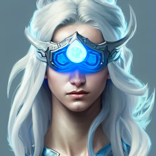 Image similar to cyclops fighter, white grey blue color palette, male, d & d, fantasy, intricate, elegant, highly detailed, long silver hair, digital painting, artstation, octane render, concept art, matte, sharp focus, illustration, hearthstone, art by artgerm, alphonse mucha johannes voss