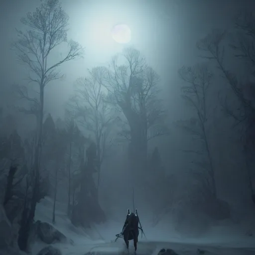 Prompt: the wild hunt, spectres, riding in the sky, blizzard storm, fog, full moon, bad omen, in the style of the witcher series, hyperrealism, breathtaking, award winning, groundbreaking, octane render, unreal 5, intricate digital art, 8 k hi - res