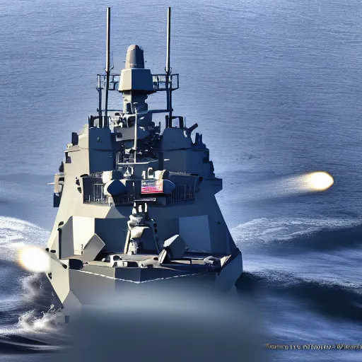 Prompt: Highly detailed photograph of a warship firing its advanced gun system, HDR, 8k