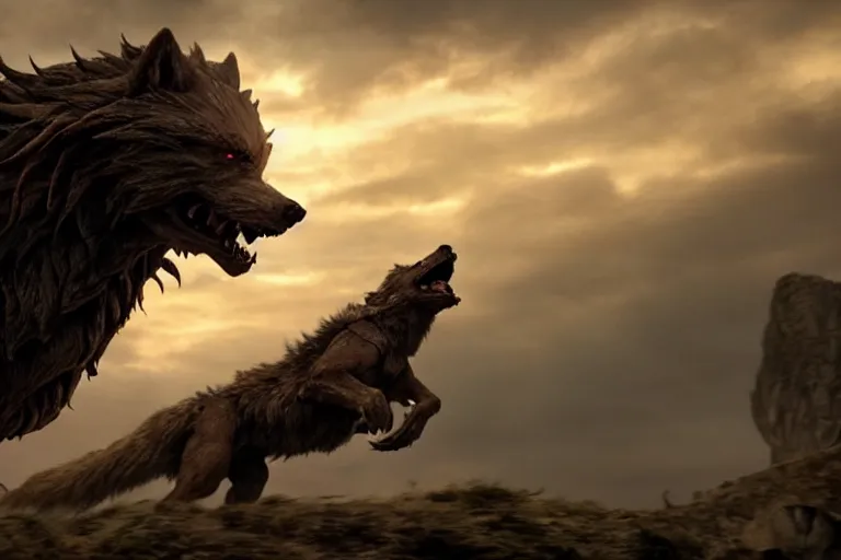 Image similar to still from a fantasy movie, a out of focus man in the foreground, facing a angry dire wolf, muted colors, action, 8 k, depth of field, cinematic, hyperrealistic, movie still frame, promotional image, imax 7 0 mm footage