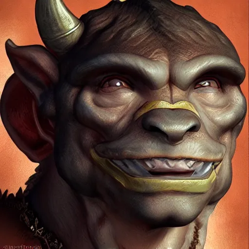 Image similar to Character portrait, face close up: Minotaur Male Cleric. Peace will conquer all. In the style of Ralph Horsley