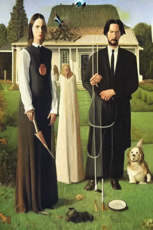 Prompt: painting of Keanu Reeves and Jennifer Lawrence as the couple in American Gothic in the style of Grant Wood