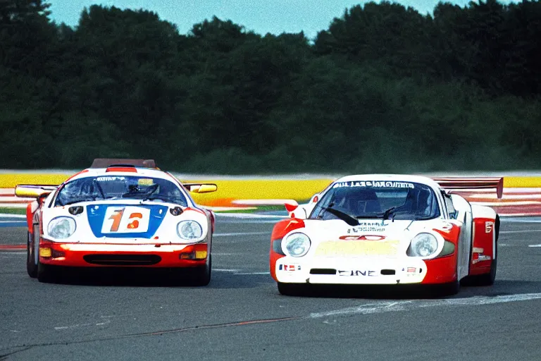 Prompt: 7 8 7 b lancer 9 1 1 racing on track le mans film photo filmgrain 1 9 8 8 retro photograph