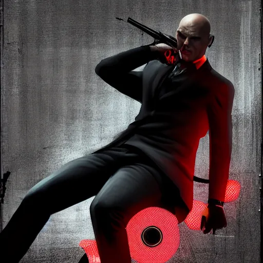 Image similar to agent 4 7 laying down listening to music in front of large stereo speakers surrounded by cables, black background, red rim light, highly detailed, smooth, sharp focus, art by maciej kuciara