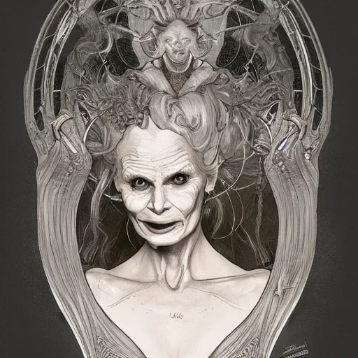 Prompt: beautiful lifelike award winning pencil illustration of scary vivienne westwood as an eldritch horror lovecraftian trending on art station artgerm greg rutkowski alphonse mucha museum quality cinematic atmospheric