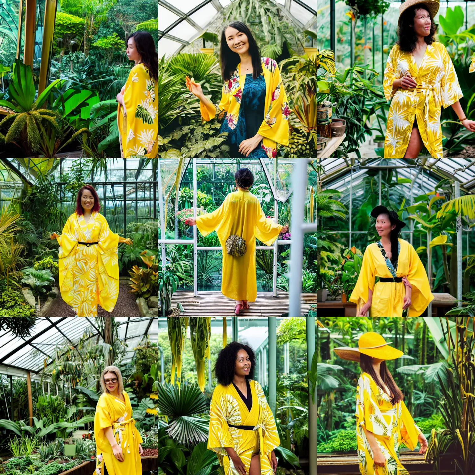 Prompt: a beautiful woman wearing a yellow kimono in a tropical greenhouse