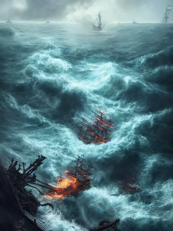 Prompt: photo of 8k ultra realistic kraken fighting pirate ship at sea, heavy storm, raging waves, full of colour, cinematic lighting, battered, trending on artstation, 4k, hyperrealistic, focused, extreme details,unreal engine 5, cinematic, masterpiece, art by Peter Mohrbacher