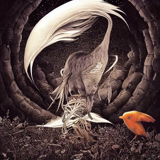 Image similar to white crow bringing rabbit leg to a witch by Android Jones and M. C. Escher collaboration, futurist, digital art, dramatic lighting