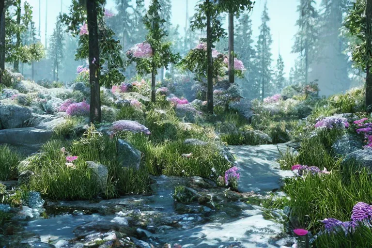 Image similar to crystal forest with gilded trees and jeweled flowers by unreal engine, photorealistic