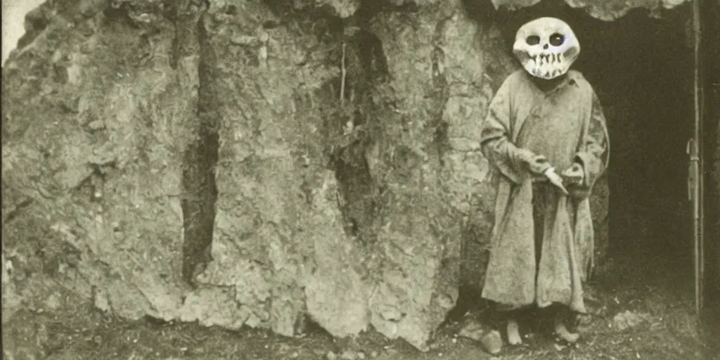 Prompt: hermit wearing a scary mask, 1900s picture