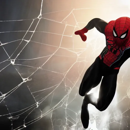 Image similar to black spider - man suit with white web lining, cinematic, volumetric lighting, realistic, hyperdetailed, photorealistic, photograph