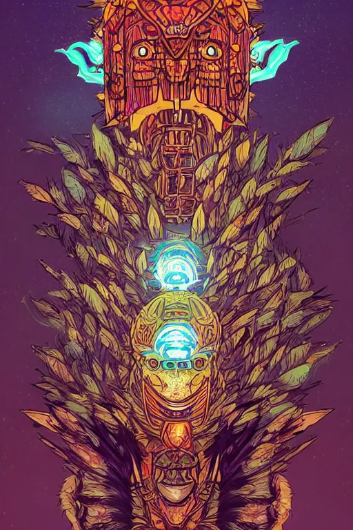 Image similar to totem animal tribal chaman vodoo mask feather gemstone plant video game illustration that looks like it is from borderlands and by feng zhu and loish and laurie greasley, victo ngai, andreas rocha, john harris radiating a glowing aura