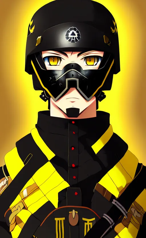Image similar to anime portrait of a vicious helldiver scout soldier, black armor with yellow accents, ilya kuvshinov, anime, pixiv top monthly, trending on artstation, cinematic, danbooru, zerochan art, kyoto animation