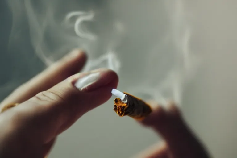 Image similar to Close-up of thin soft hand holding cigarette in it with smoke, hyper realistic, high details, photo, super resolution