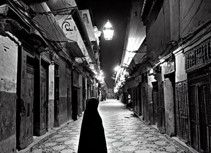 Prompt: cairo old streets + night life of 1 9 4 0, muizz street + egyptian muslim girl wearing egyptian hijab