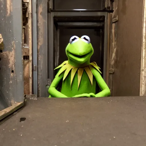 Prompt: kermit in the backrooms, dark and eerie