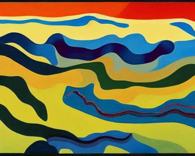 Prompt: A wild, insane, modernist landscape painting. Wild energy patterns rippling in all directions. Curves, organic, zig-zags. Saturated color. Mountains. Clouds. Rushing water. Wayne Thiebaud. Tarsila do Amaral. Zao Wou-ki.