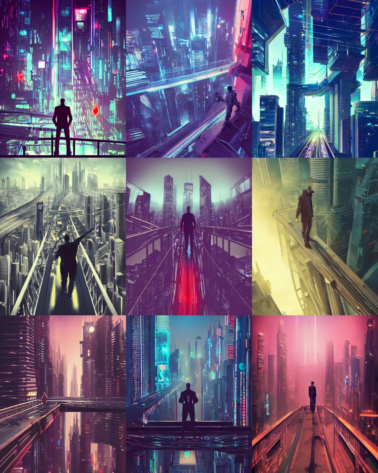 Prompt: a man standing on top of a bridge over a city, cyberpunk art by Vincent Lefevre, behance contest winner, altermodern, cityscape, synthwave, dutch angle, matte painting
