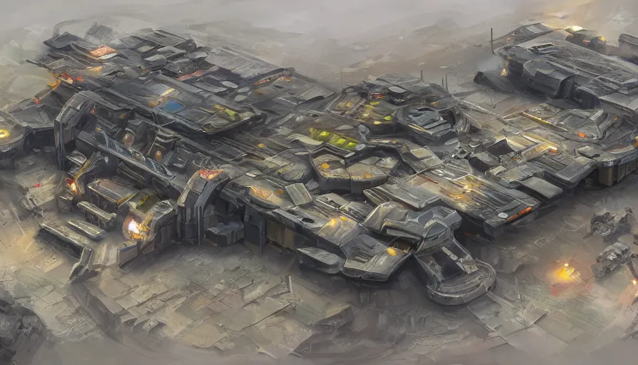 Image similar to concept art of futuristic modular military base, top angle, oil painting by jama jurabaev, tyler edlin, james paick, emmanuel shiru, victor mosquera, extremely detailed, brush hard, artstation, for aaa game, high quality, brush stroke