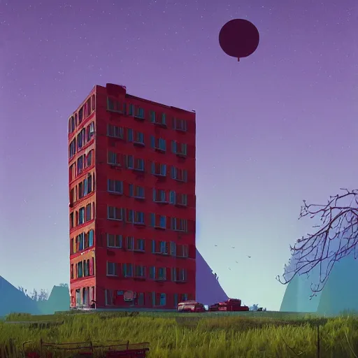 Prompt: a building in a stunning landscape by simon stalenhag, high contrast, detailed, digital paint