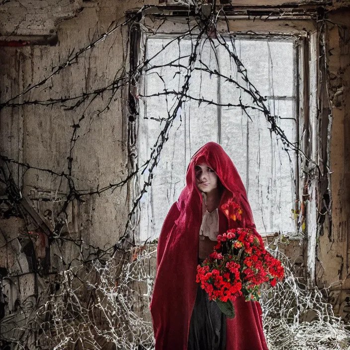 Image similar to a woman wearing a hooded cloak made of zinnias and barbed wire, in a derelict house, by Manny Librodo, natural light, detailed face, CANON Eos C300, ƒ1.8, 35mm, 8K, medium-format print