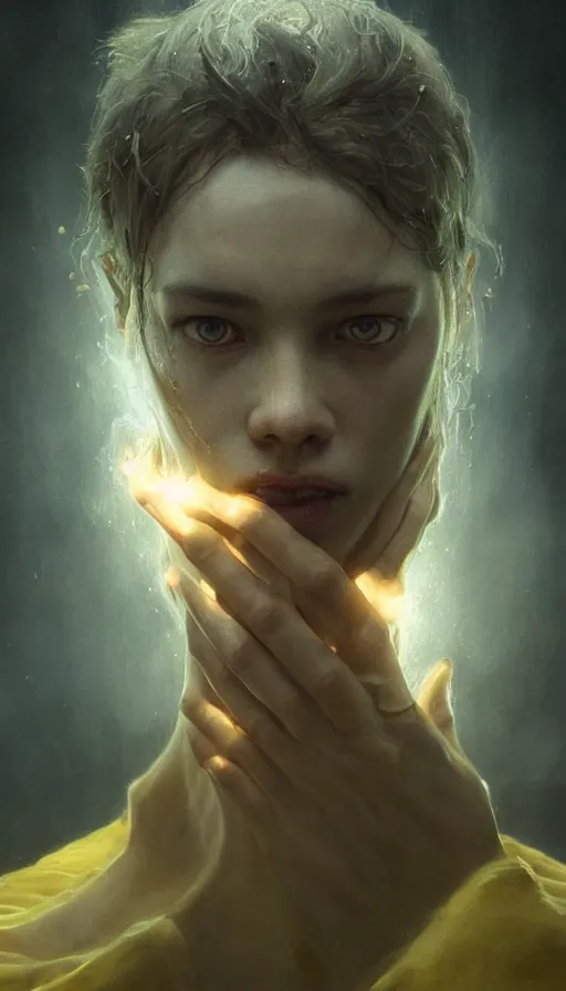 Prompt: epic masterpiece sadness, drama, sweaty skin, hyperrealistic, expressive, emotional, moody, back light, keylight, professional photography, octane render, cinematic, beautiful face and flawless skin, perfect hands, 5 fingers, yellow by Edgar Maxence and Ross Tran and Michael Whelan and Lorenzo Sperlonga, Brom, Legends of Runeterra