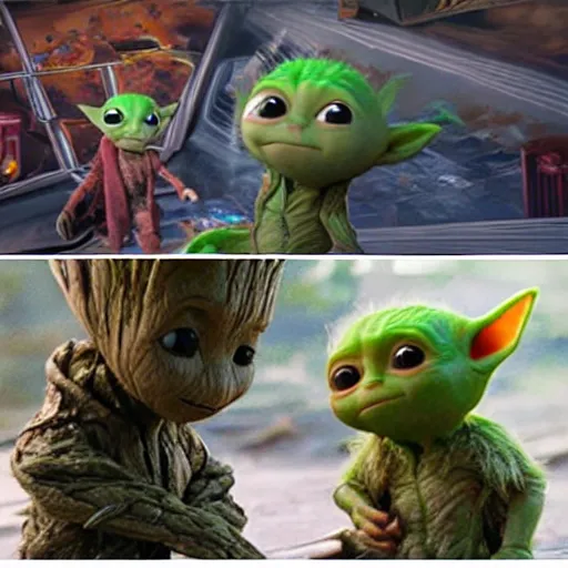 Image similar to baby groot and baby yoda having fun playing games, highly detailed