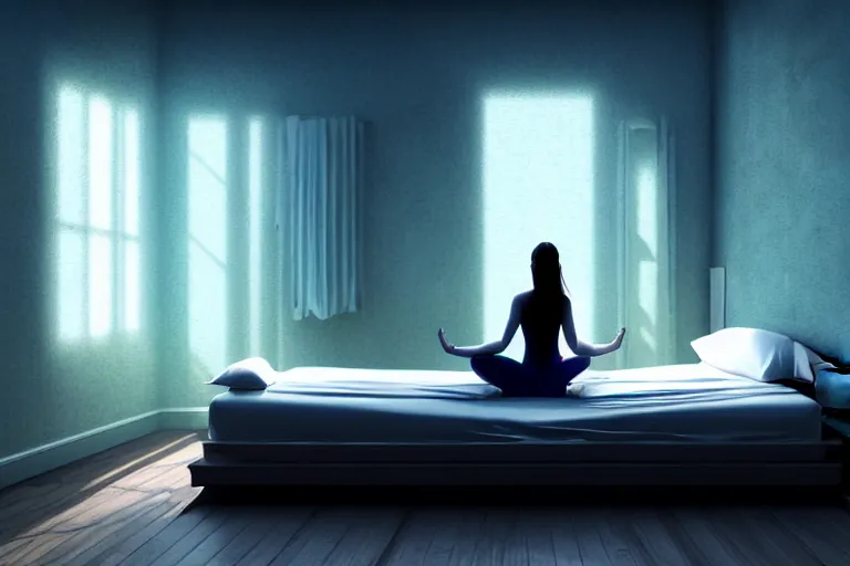 Image similar to girl meditating on the bed in her room, in the style of dariusz zawadzki, solarpunk, exact anatomy, atmospheric, clean, intricate and epic composition, dark by caravaggio, insanely quality, highly detailed, masterpiece, blue light, artstation, 4 k