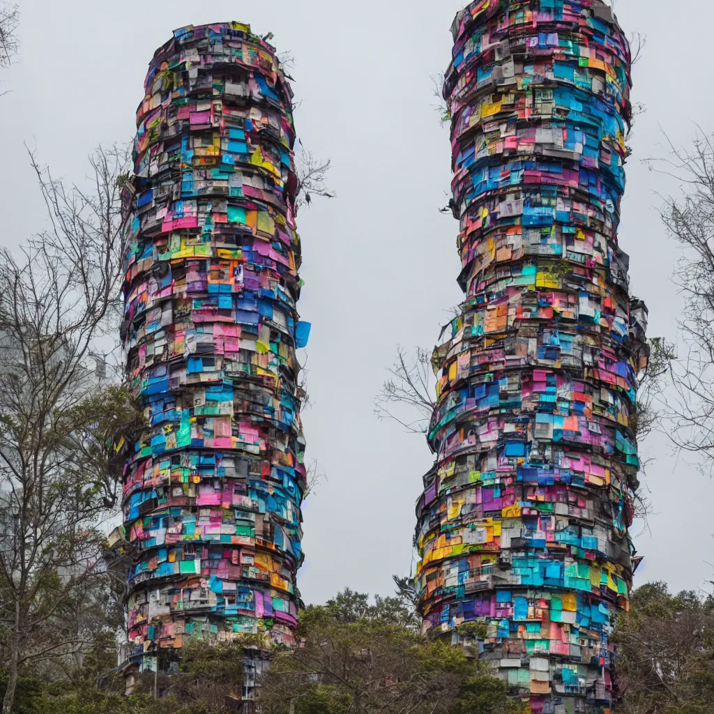 Image similar to a circular tower, made up of colourful makeshift squatter shacks, dystopia, sony a 7 r 3, f 1 1, fully frontal view, ultra detailed, photographed by hiroshi sugimoto,