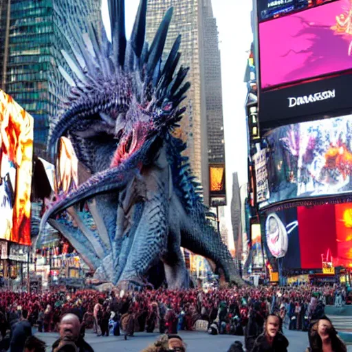 Image similar to game of thrones Daenerys on dragon in the middle of new york time square