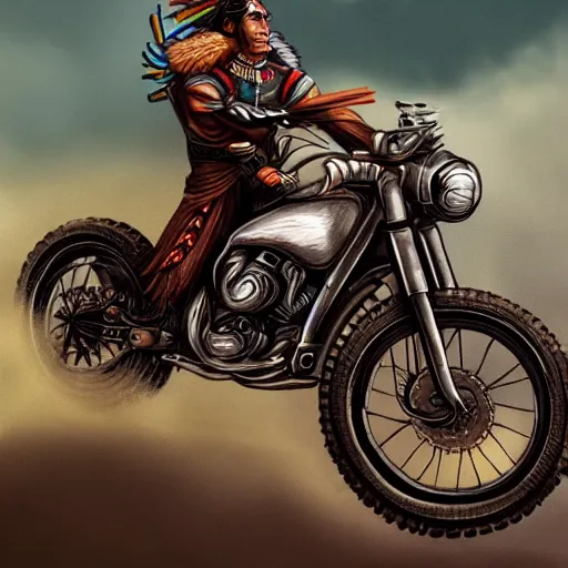 Prompt: Inca Atahualpa riding a motorcycle, detailed, highly detailed, digital paiting, artstation