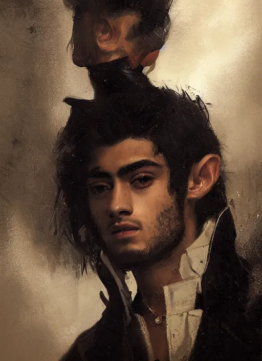 Image similar to head and shoulders portrait painting of young man who looks like zayn malik as an elf by jeremy mann, wearing leather napoleonic military style jacket, only one head single portrait, pointy ears, black background, soft top lighting, moody, shadowed