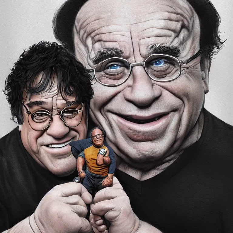 Image similar to Portrait of Danny DeVito holding a miniature Arnold Schwarzenegger gently in his hands, highly detailed, concept art, illustration, cinematic, artstation, digital painting, mystical, zen