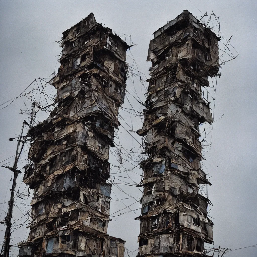 Image similar to close - up view of a tower made up of makeshift squatter shacks with faded colours, moody cloudy sky, uneven fog, dystopia, mamiya, fully frontal view, very detailed, photographed by bruno barbey