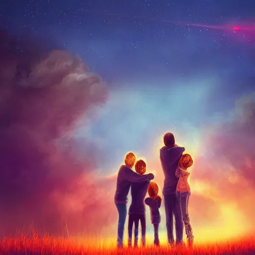 Image similar to family hugging, apocalyptic, meteors falling, background, sky, on fire, dramatic lighting, digital art, beautiful!!!!!!!!!!, 8K, dark lighting, trending on Artstation, award winning, blue, red