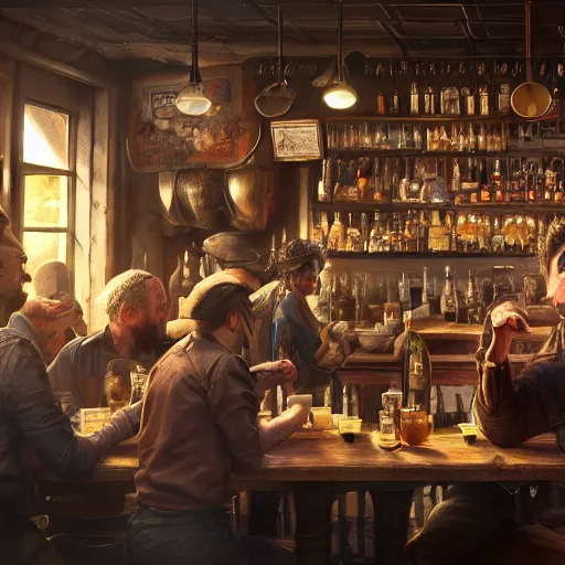 Prompt: busy tavern scene, Ultra realistic, intricate, mysterious, cinematic, 4k, illustration, concept art, photorealistic, award winning on Artstation